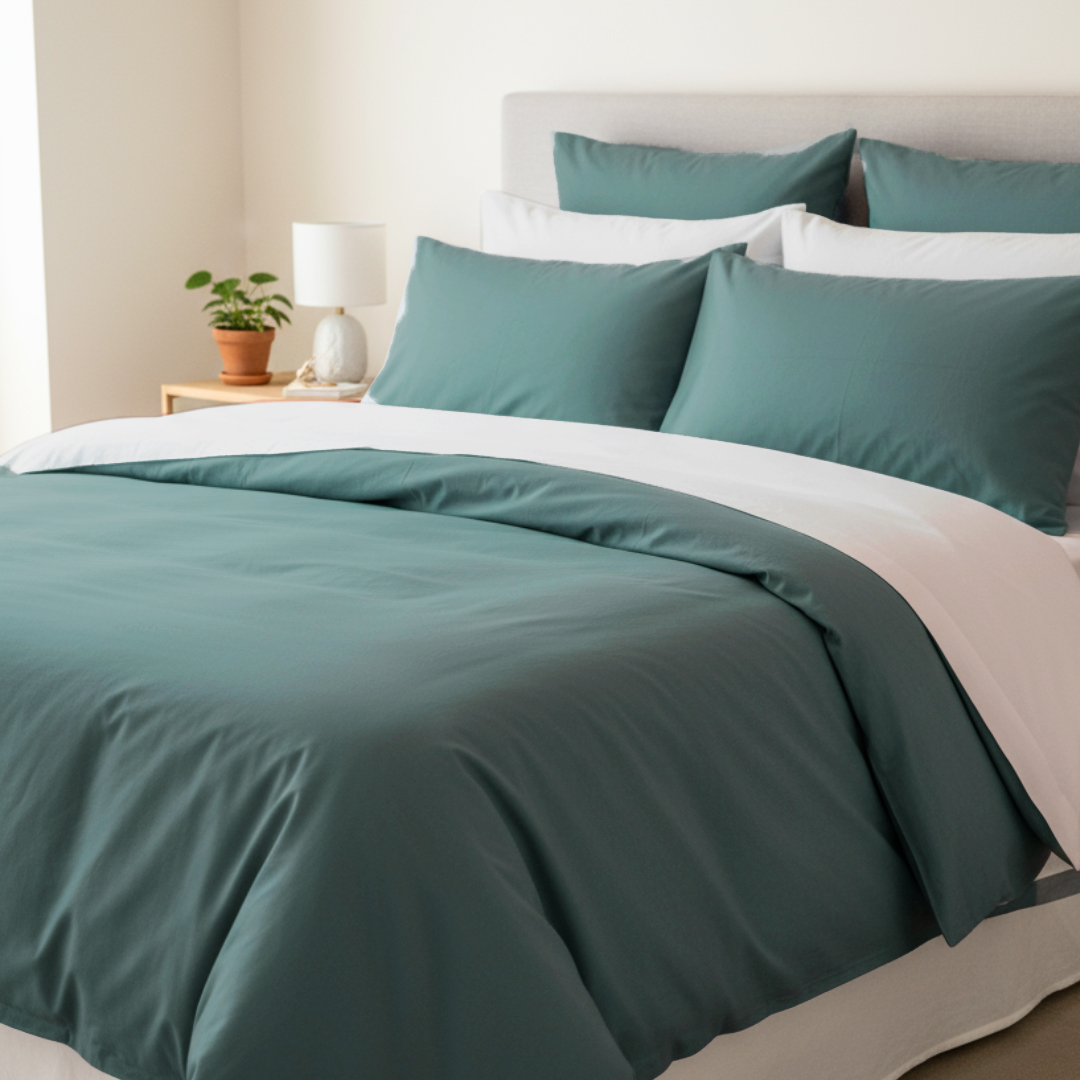 Duvetbezug aus Perkal – 160x210cm – Beige & Blaugrün – Mit Reissverschluss