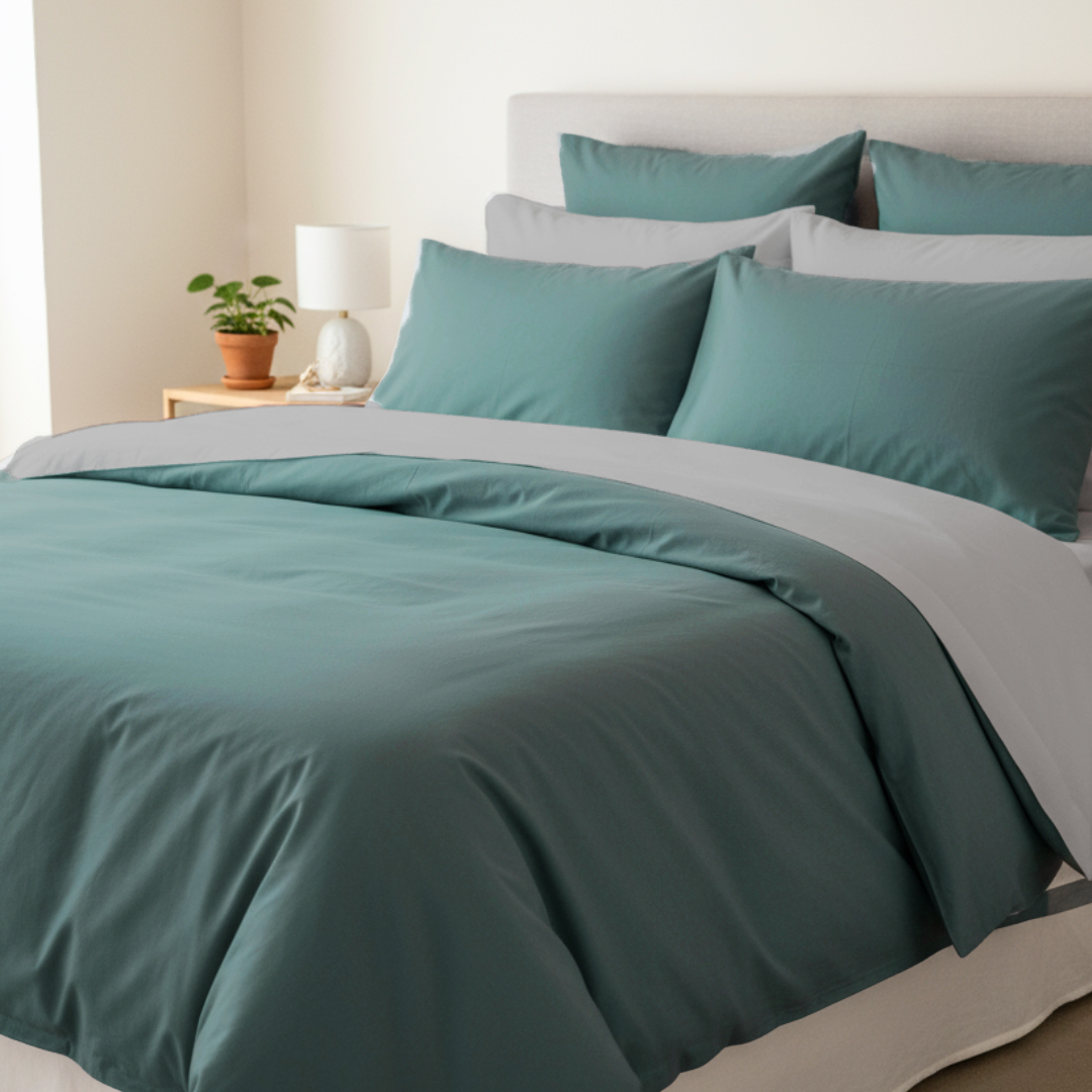 Duvetbezug aus Perkal – 200x210cm – Grau & Blaugrün – Mit Reissverschluss