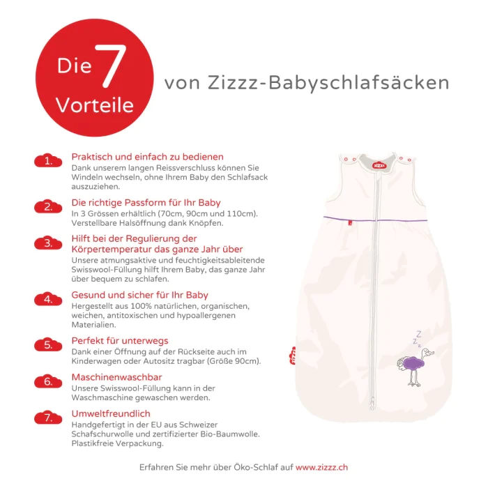Bio-Babyschlafsack Bird Dodo Lola / Aus Bio-Baumwolle & Swisswool / 70 cm, 90 cm, 110 cm