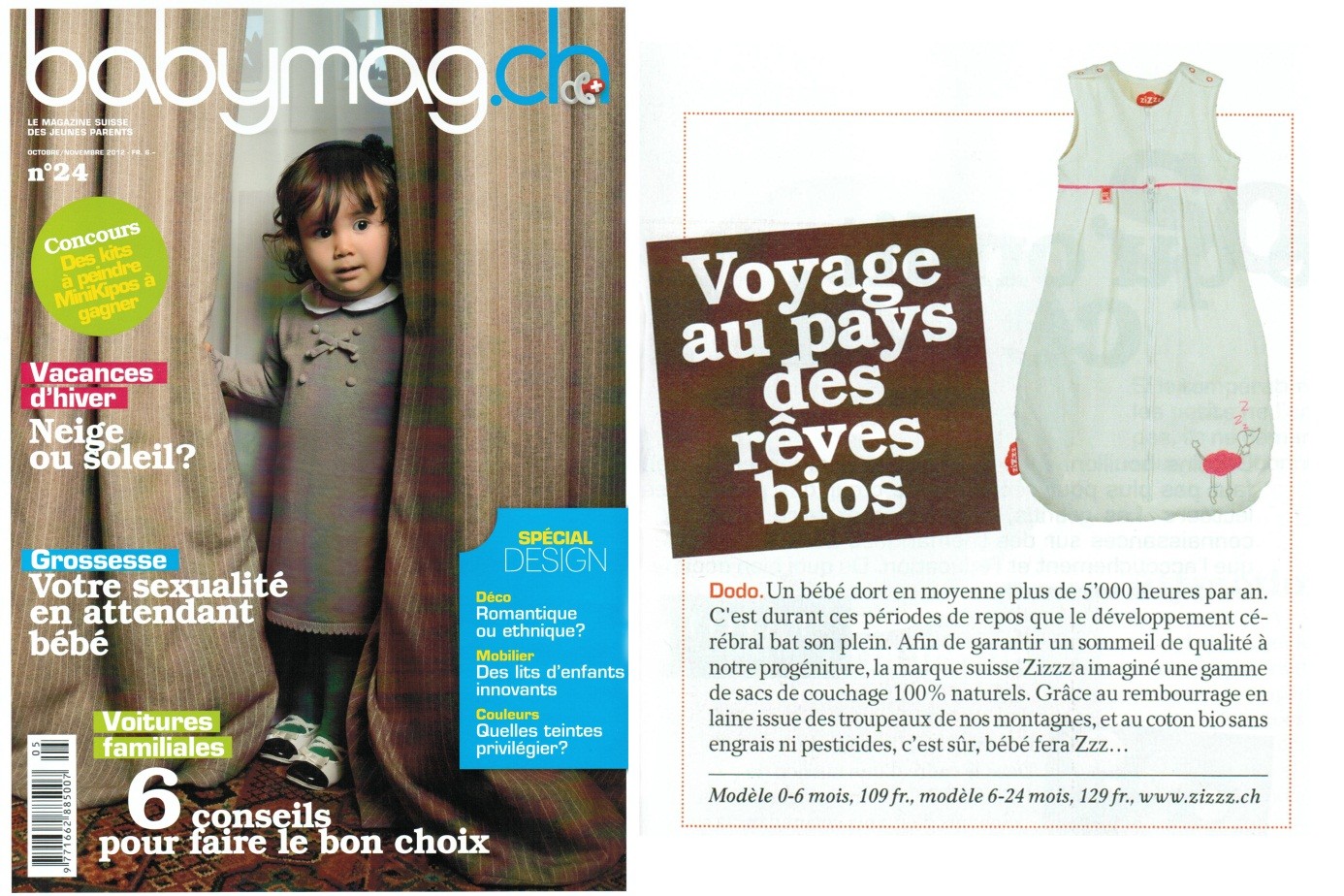 Photo de la couverture et de l'article sur Zizzz dans le magazine "Babymag.ch"